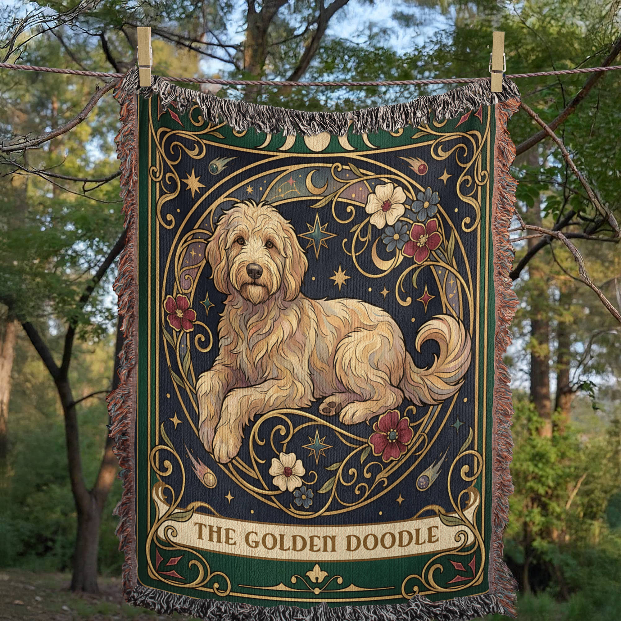 🐾 Woven Blanket Tarot Card - Golden Doodle Laying in flowers