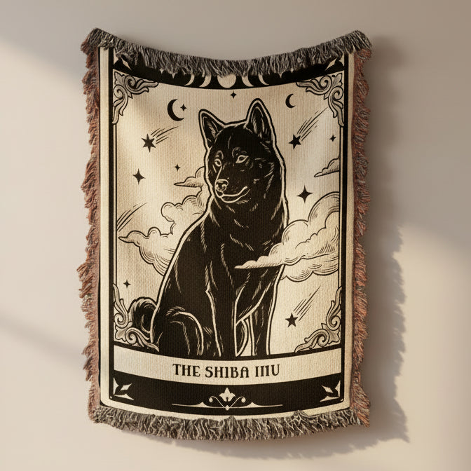 🐾 Woven Blanket Tarot Card - Shiba Imu B&W