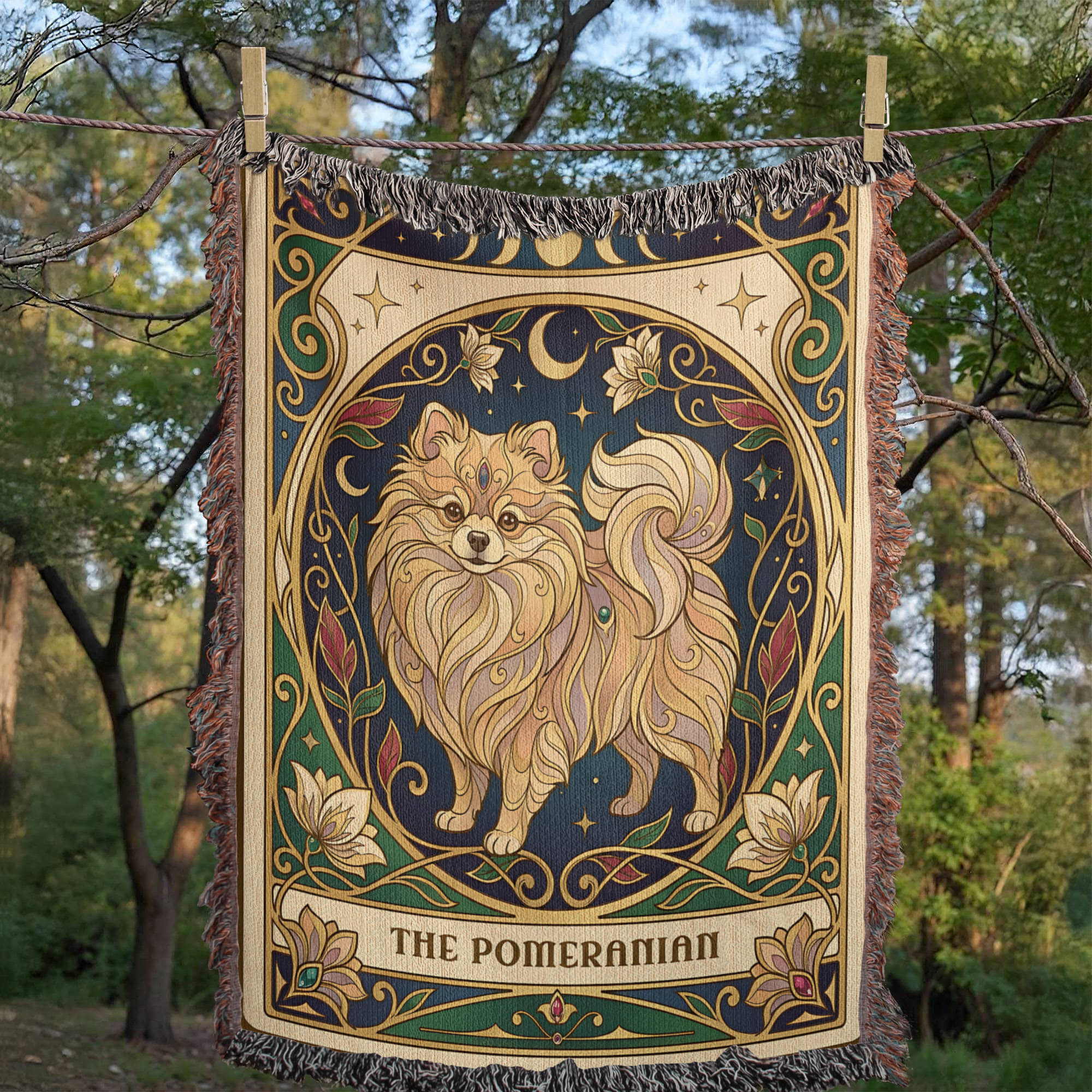 🐾 Woven Blanket Tarot Card - Pomeranian Stained Glass