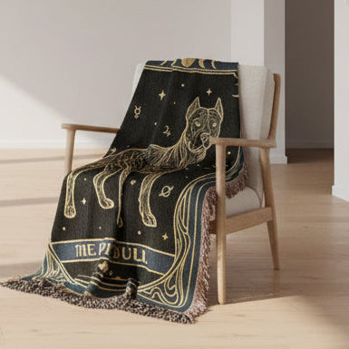 Decorative blanket with wolf design draped over a chair in a minimalistic room.