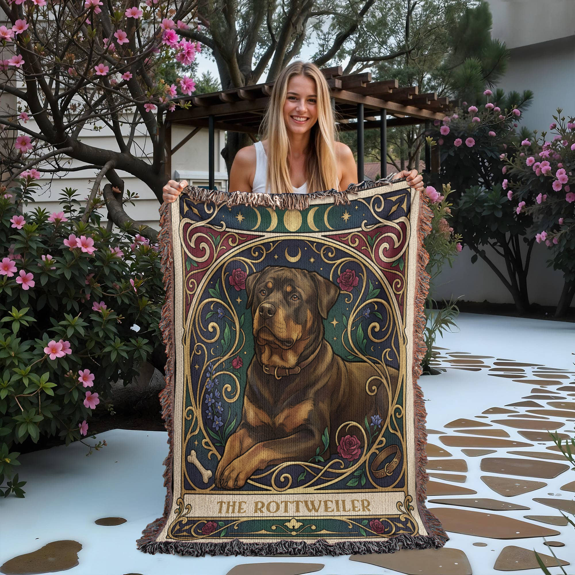 🐾 Woven Blanket Tarot Card - Rottweiler Roses