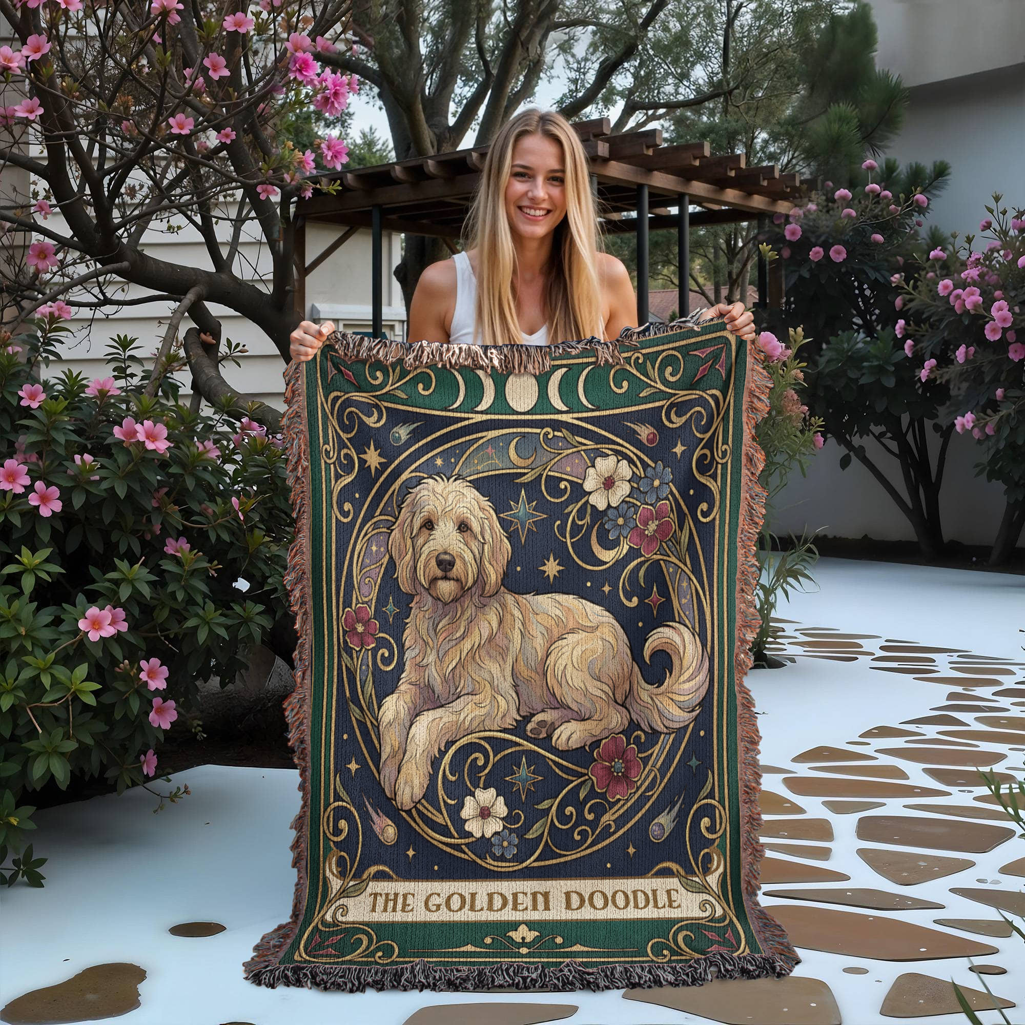 🐾 Woven Blanket Tarot Card - Golden Doodle Laying in flowers