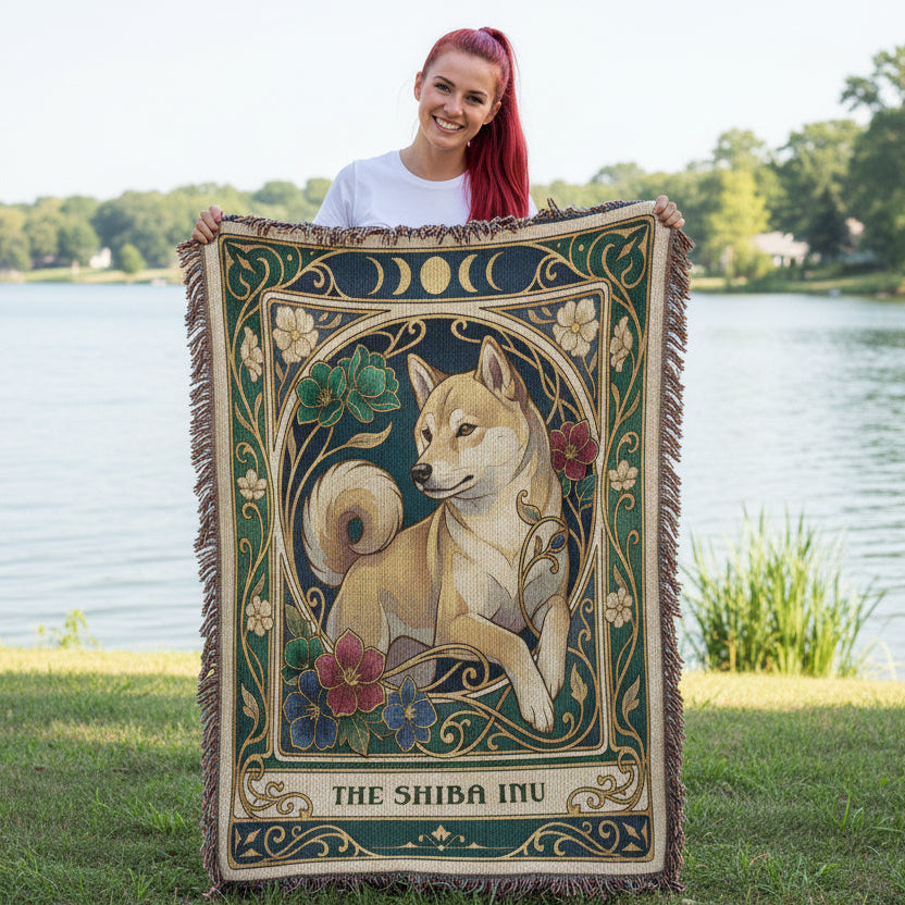 Person holding a Shiba Inu-themed blanket by a lake