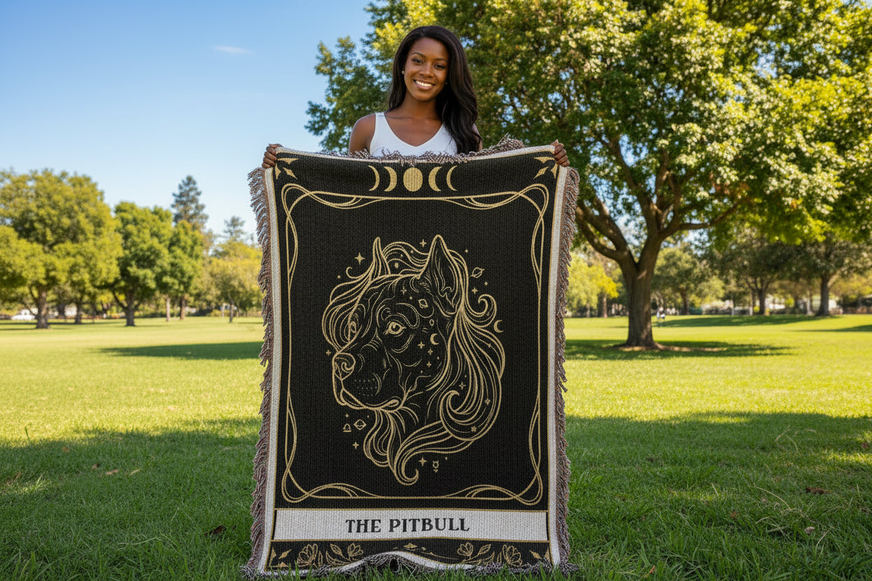 🐾 Woven Blanket Tarot Card - Pitbull Celestial Head Shot