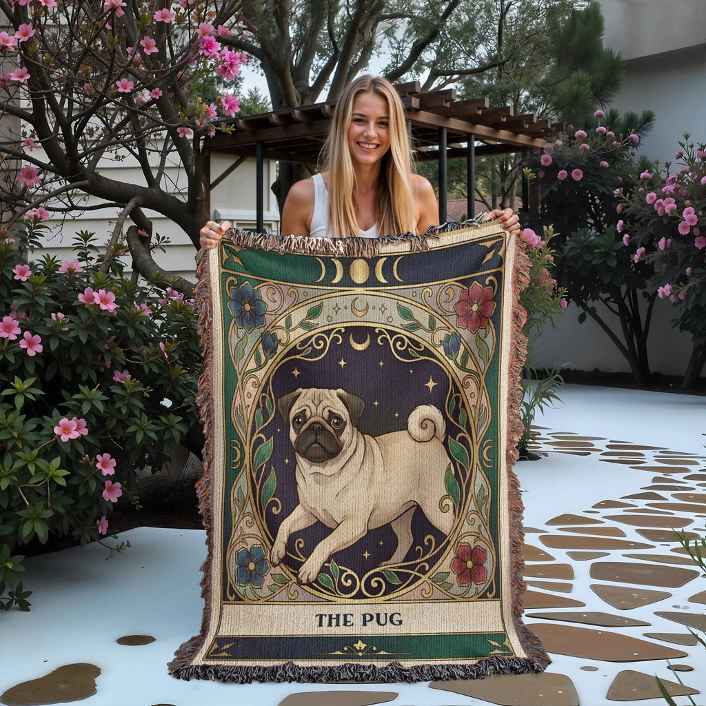 🐾 Woven Blanket Tarot Card - Pug Stained Glass