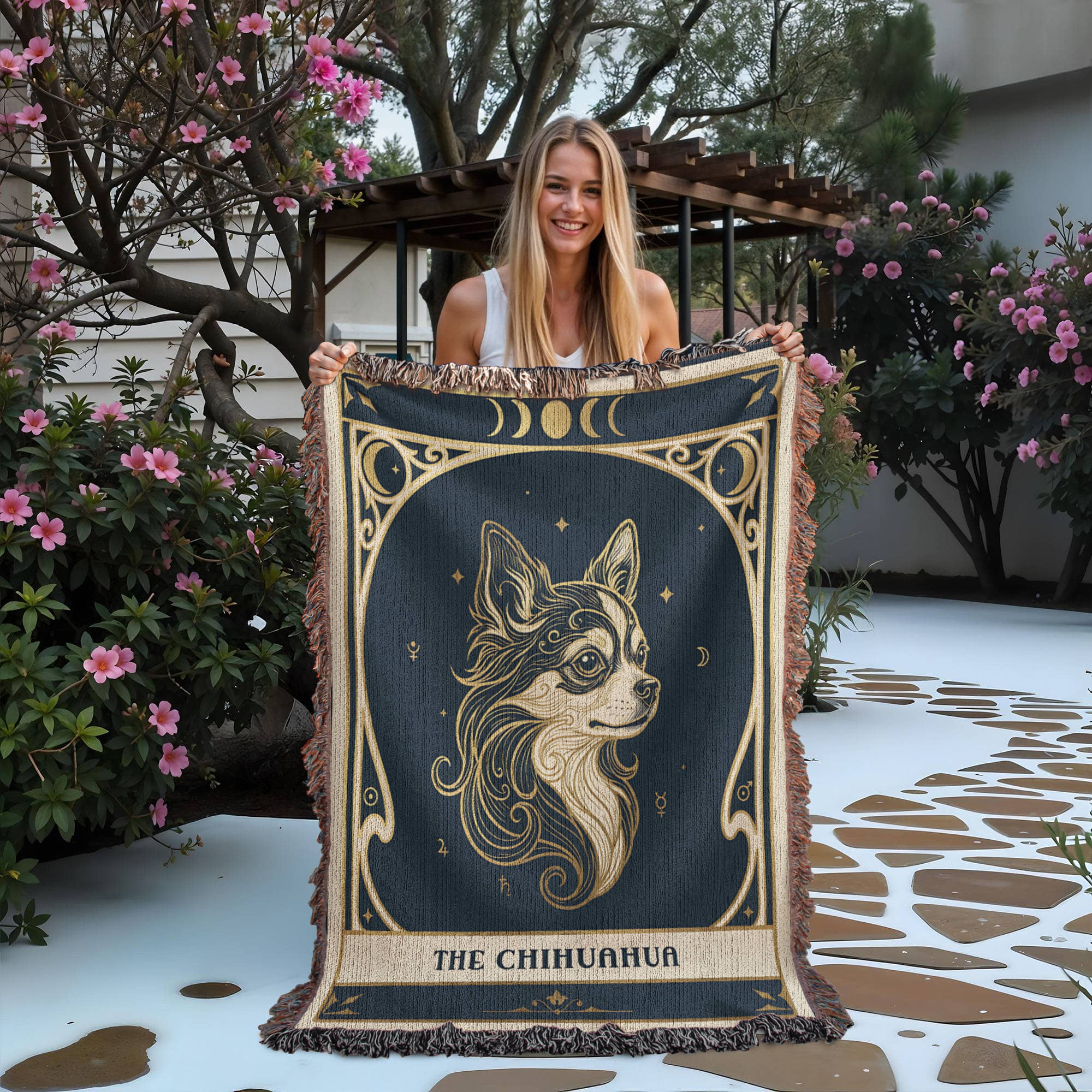 🐾 Woven Blanket Tarot Card - Chihuahua Celestial