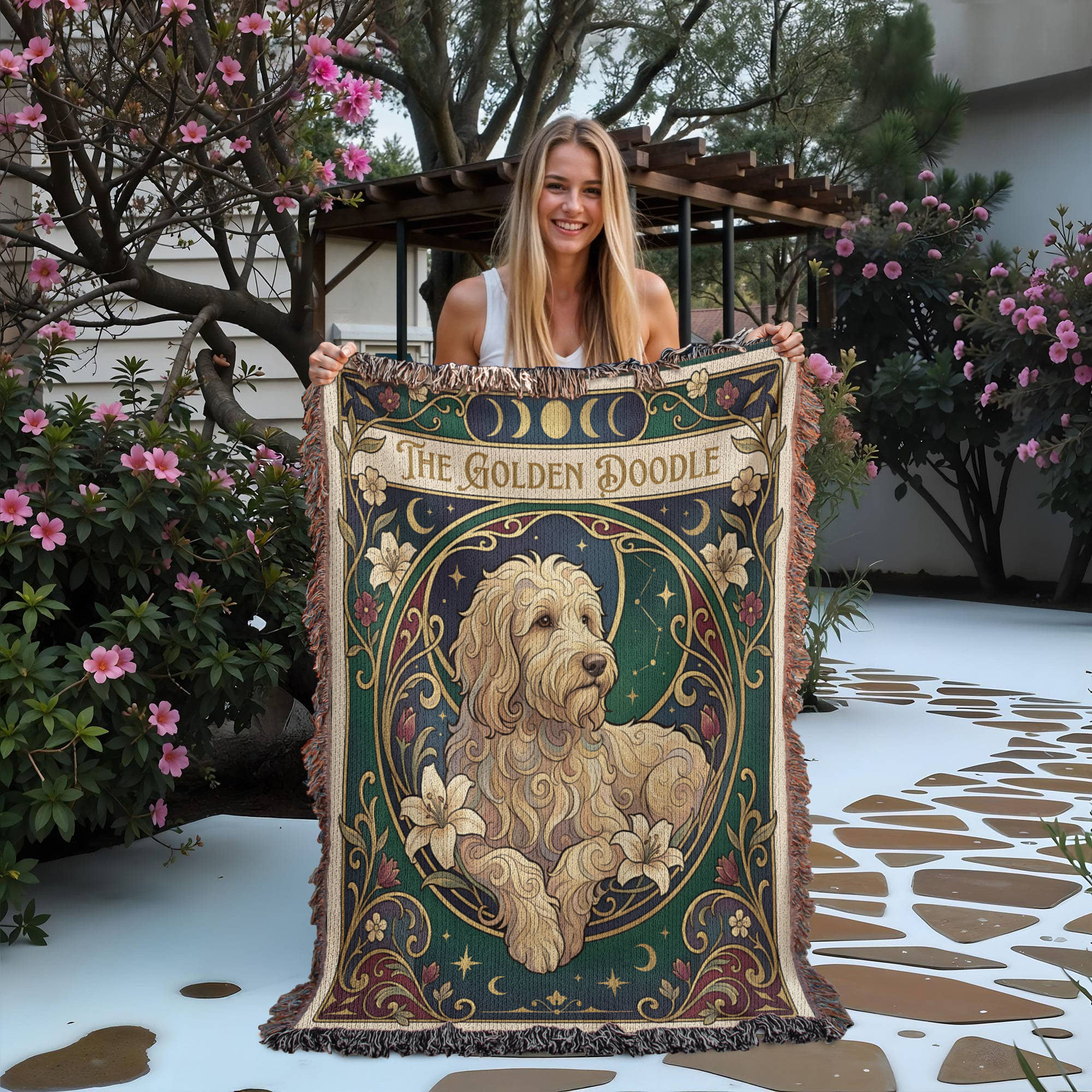 🐾 Woven Blanket Tarot Card - Golden Doodle paws forward
