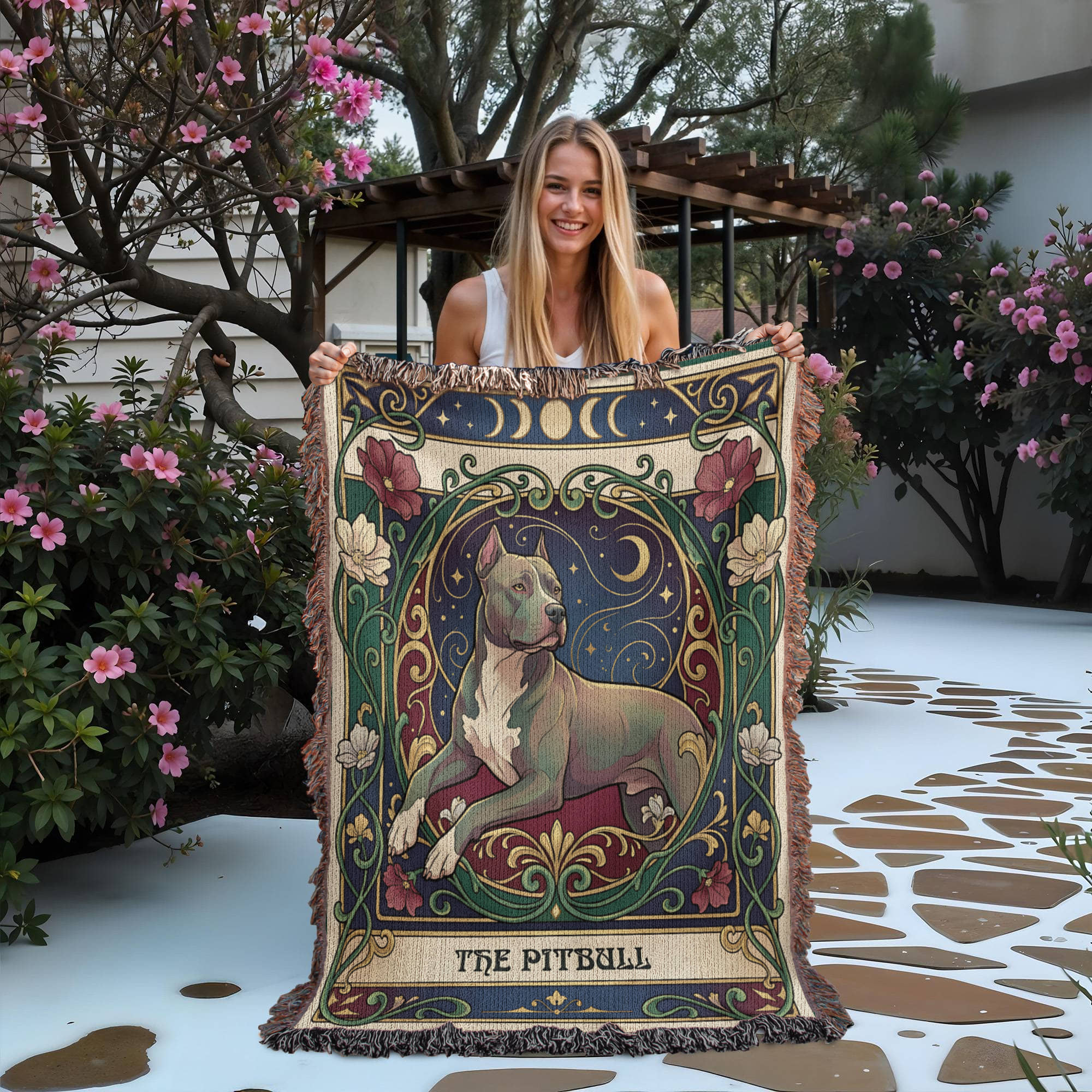 🐾 Woven Blanket Tarot Card - Pitbull laying with flowers
