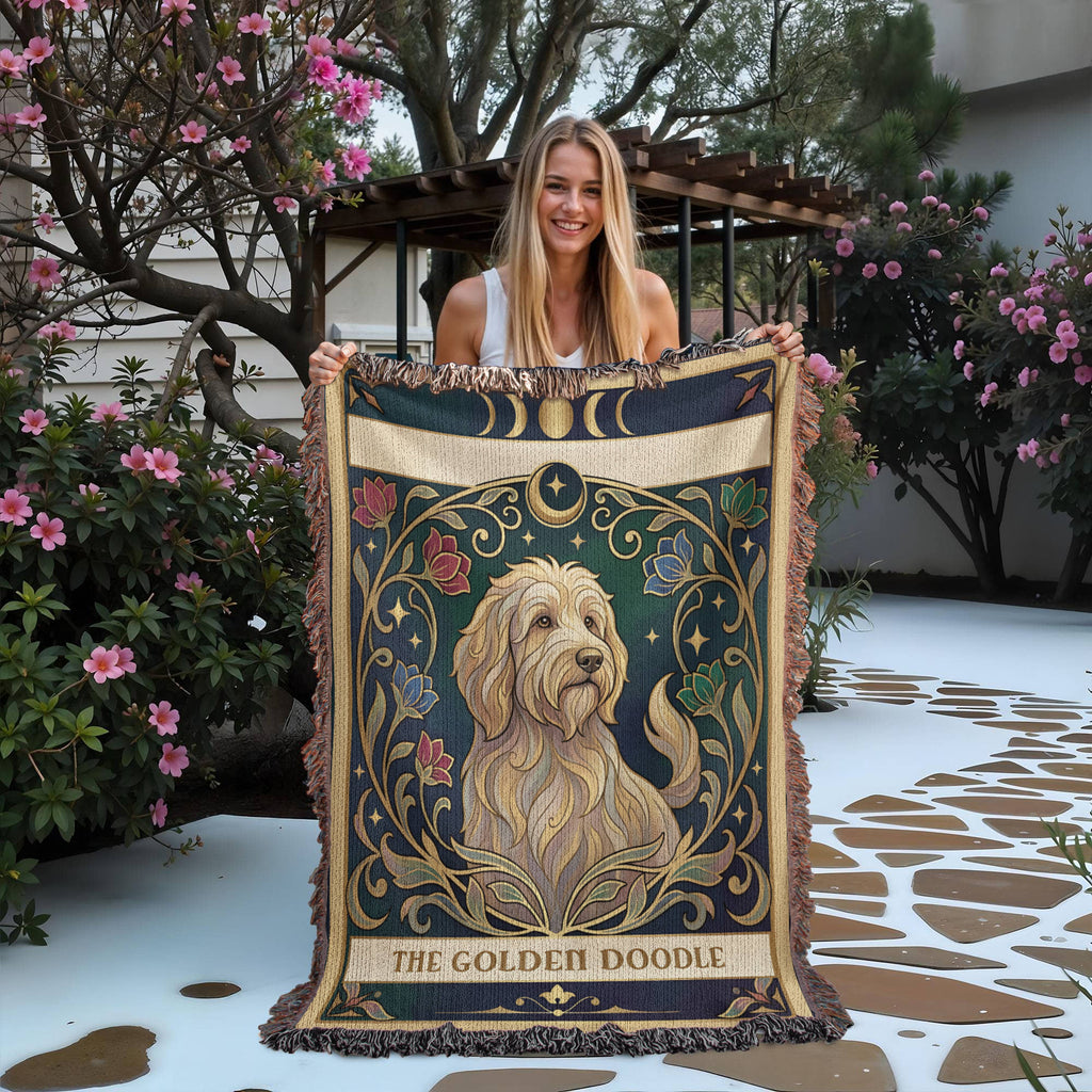 🐾 Woven Blanket Tarot Card - Golden Doodle Stained Glass