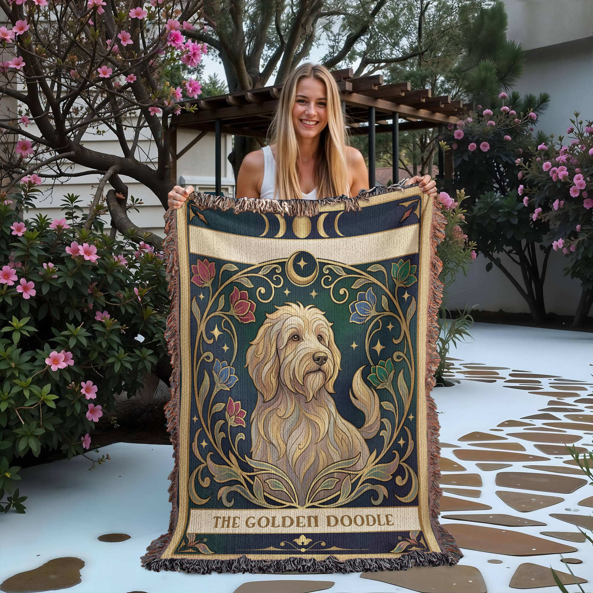 🐾 Woven Blanket Tarot Card - Golden Doodle Stained Glass