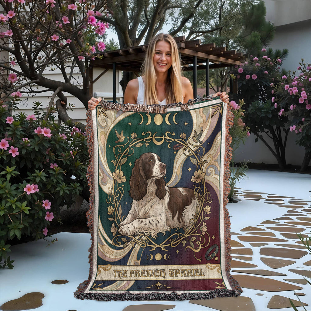 🐾 Woven Blanket Tarot Card - French Spaniel Laying Down