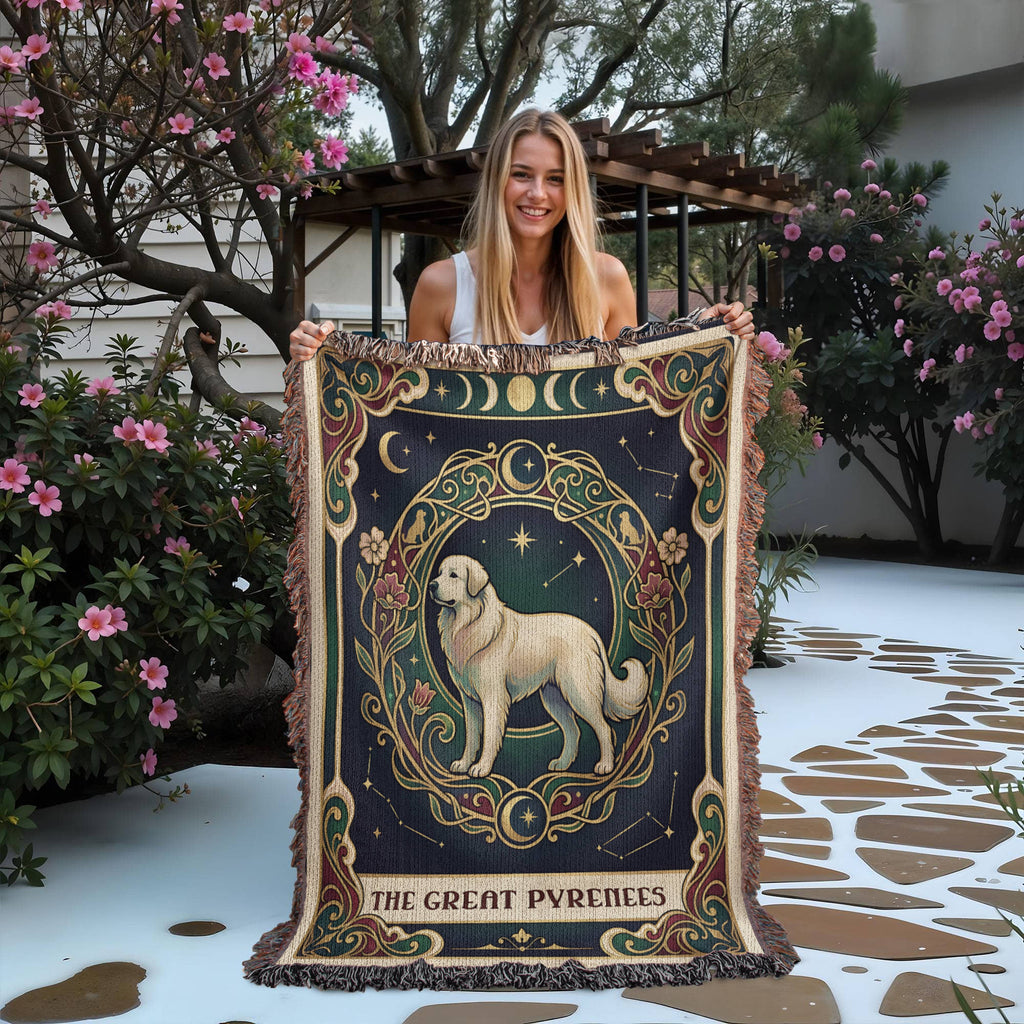 🐾 Woven Blanket Tarot Card - Great Pyrenees Green and Gold