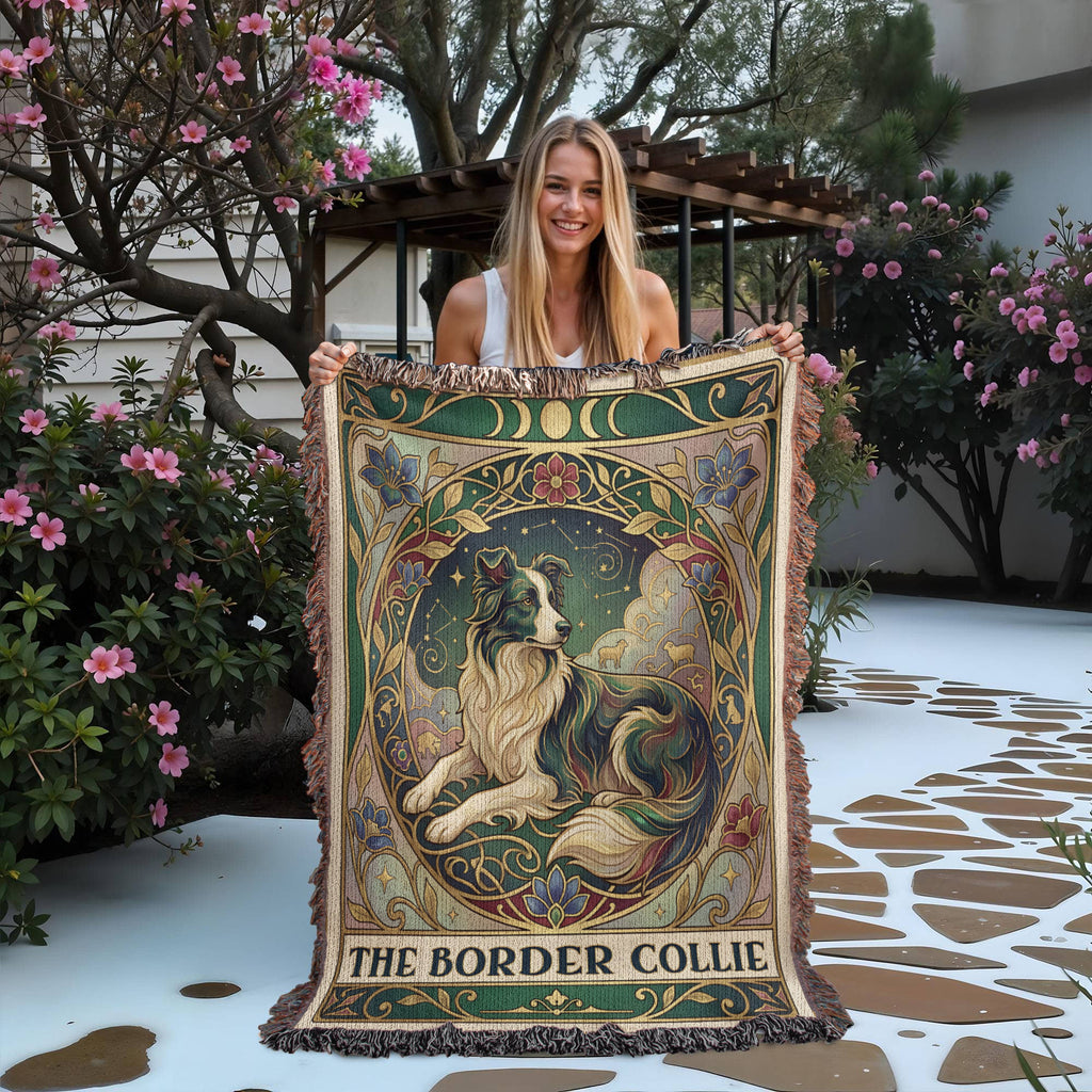 🐾 Woven Blanket Tarot Card - Border Collie Green & Gold
