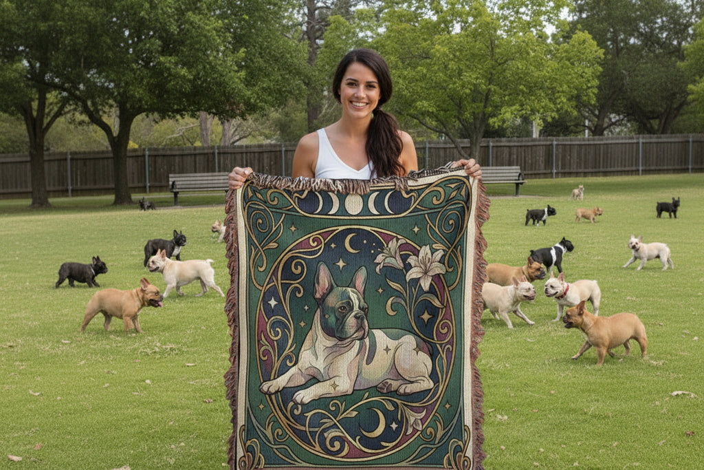 Woman holding a decorative blanket with a dog design in a park with dogs in the background