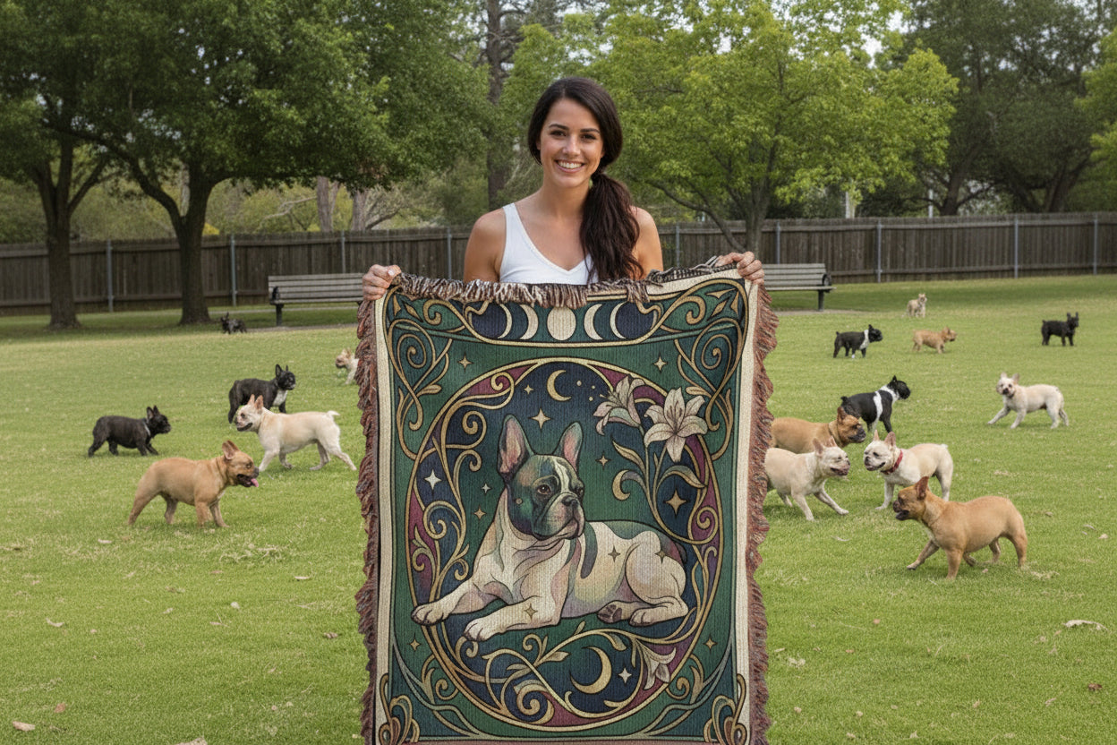 Woman holding a decorative blanket with a dog design in a park with dogs in the background