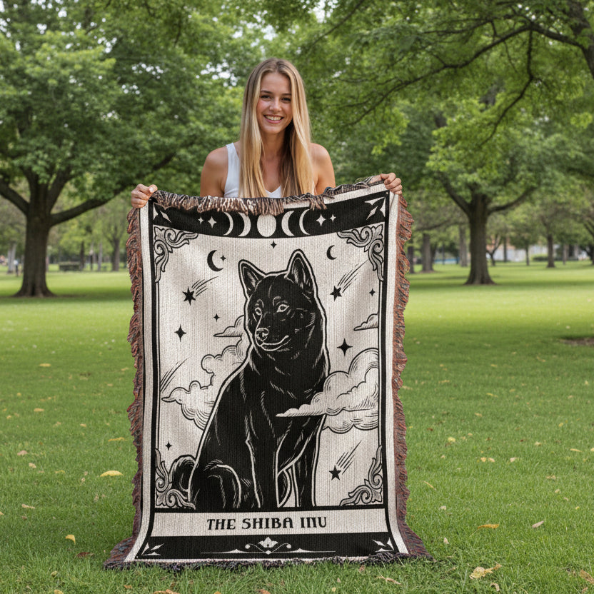 🐾 Woven Blanket Tarot Card - Shiba Imu B&W