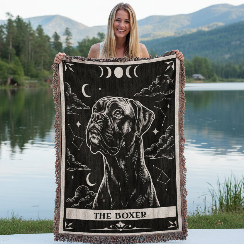 🐾 Woven Blanket Tarot Card - Boxer Black & White