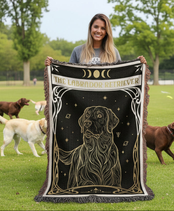 Woman holding a tapestry with dogs in a park
