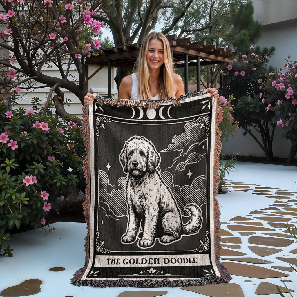 🐾 Woven Blanket Tarot Card - Golden Doodle Black&W