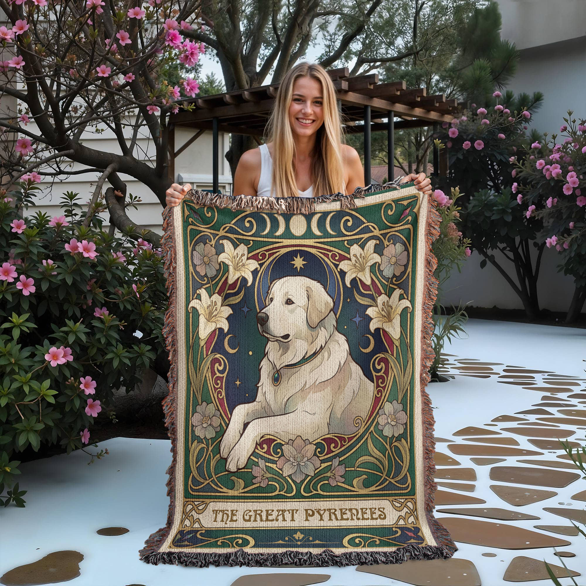 🐾 Woven Blanket Tarot Card Great Pyrenees Lillies