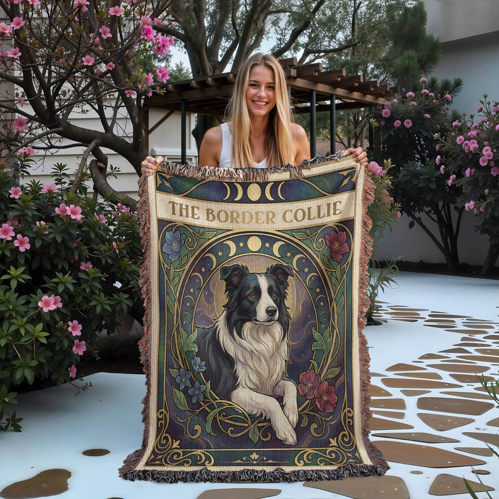 🐾 Woven Blanket Tarot Card - Border Collie Flowers