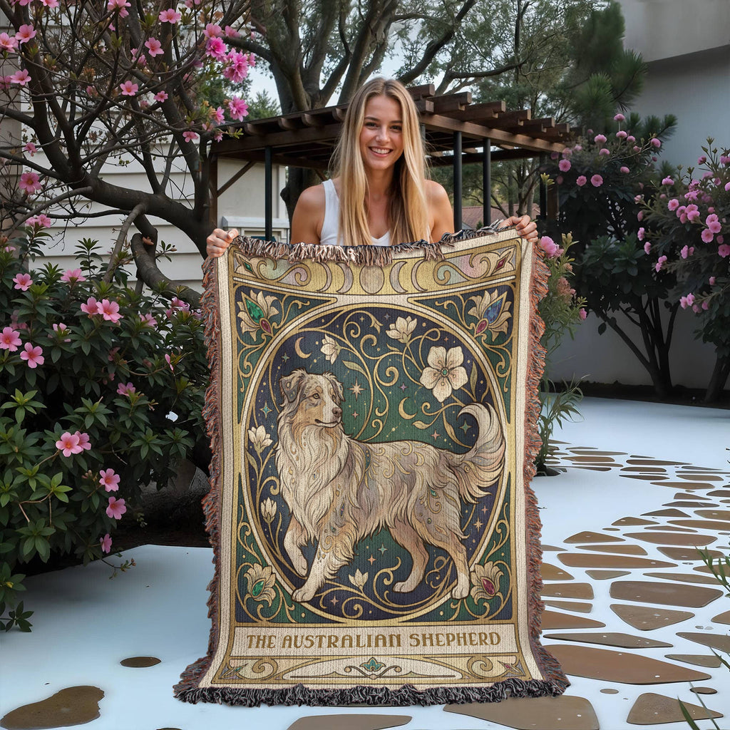 Australian Shepherd Art Nouveau Tarot Woven Blanket - Heirloom Cotton Throw