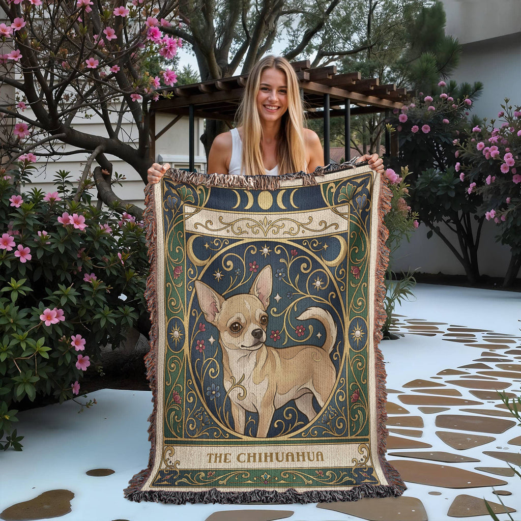 🐾 Woven Blanket Tarot Card - Chihuahua Golden Flowers