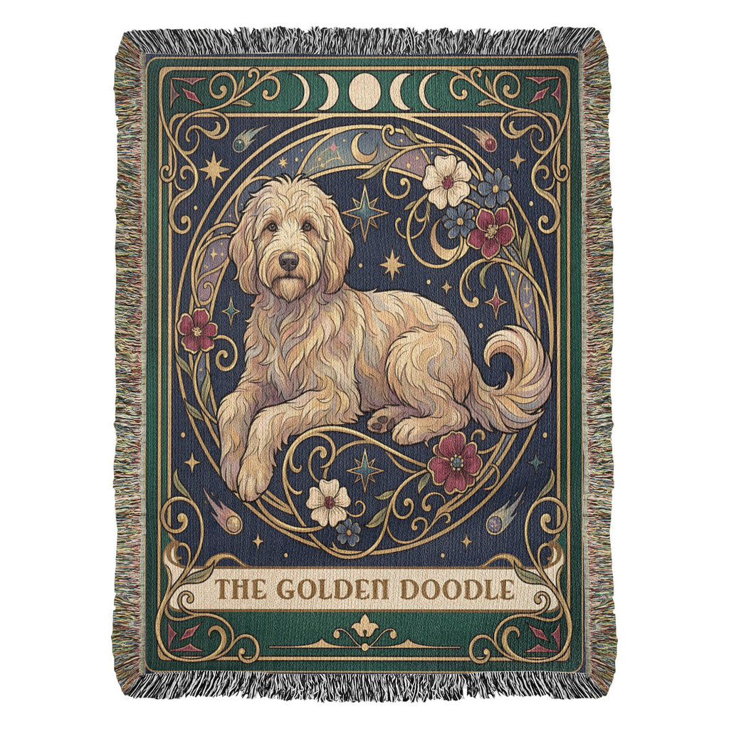 🐾 Woven Blanket Tarot Card - Golden Doodle Laying in flowers