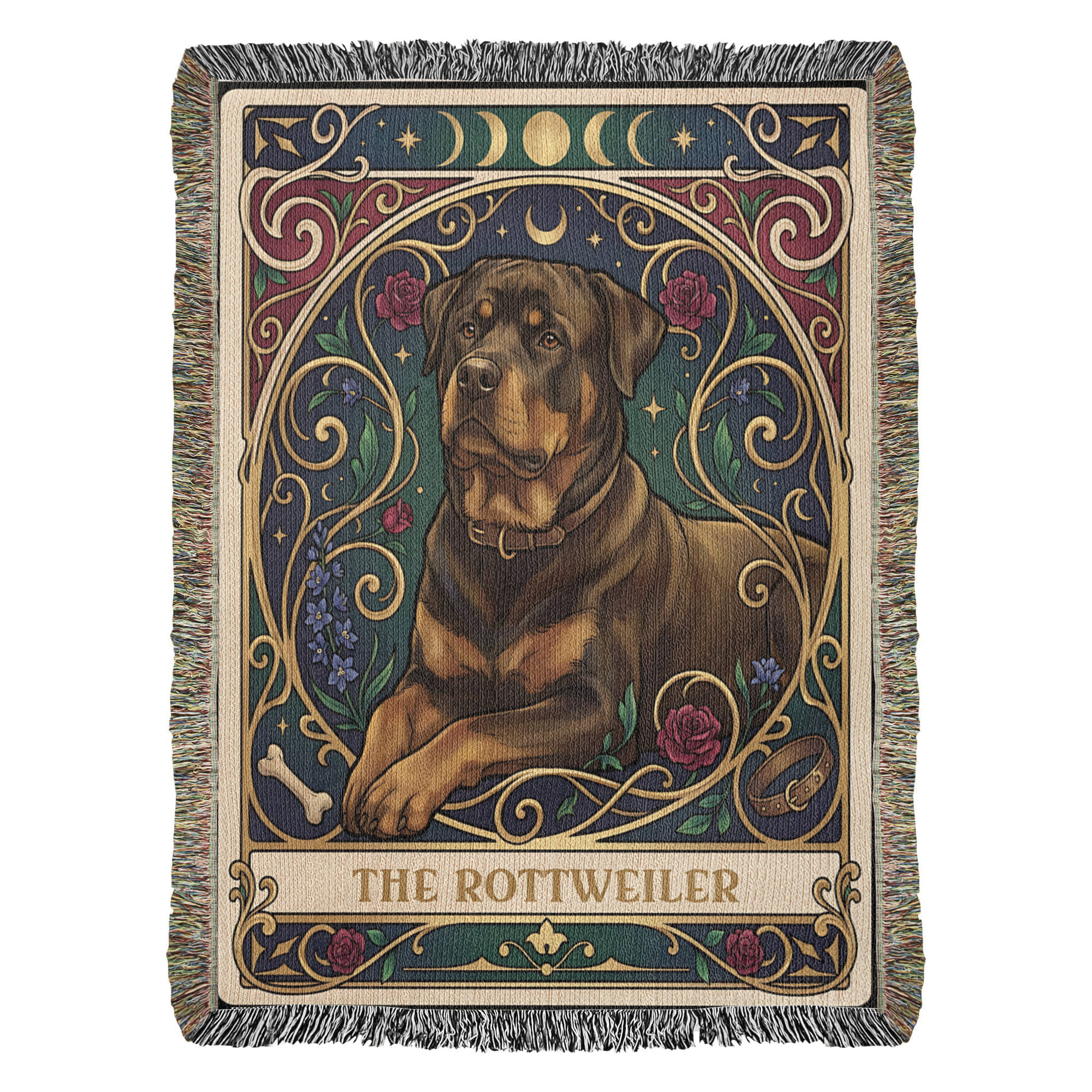 🐾 Woven Blanket Tarot Card - Rottweiler Roses