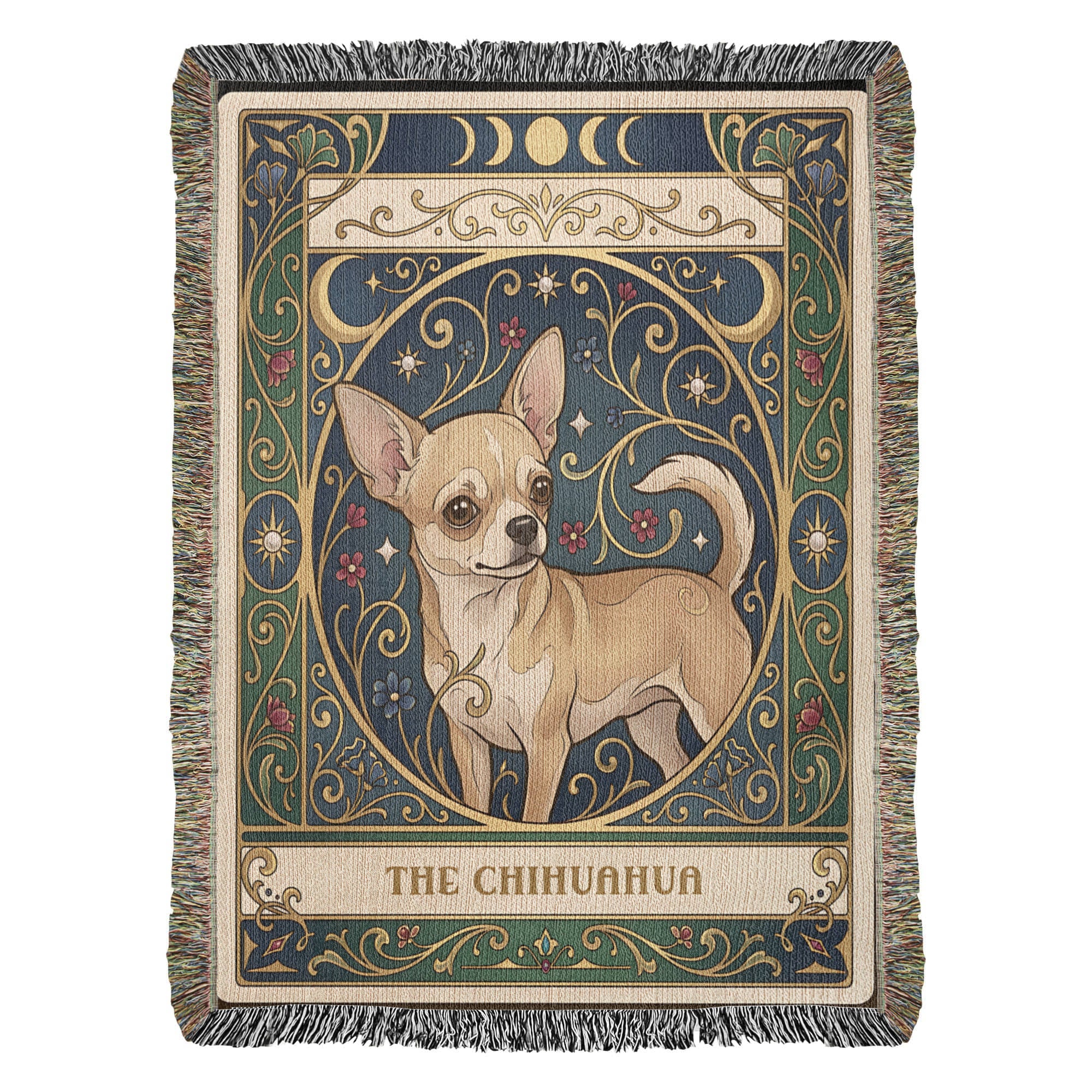 🐾 Woven Blanket Tarot Card - Chihuahua Golden Flowers