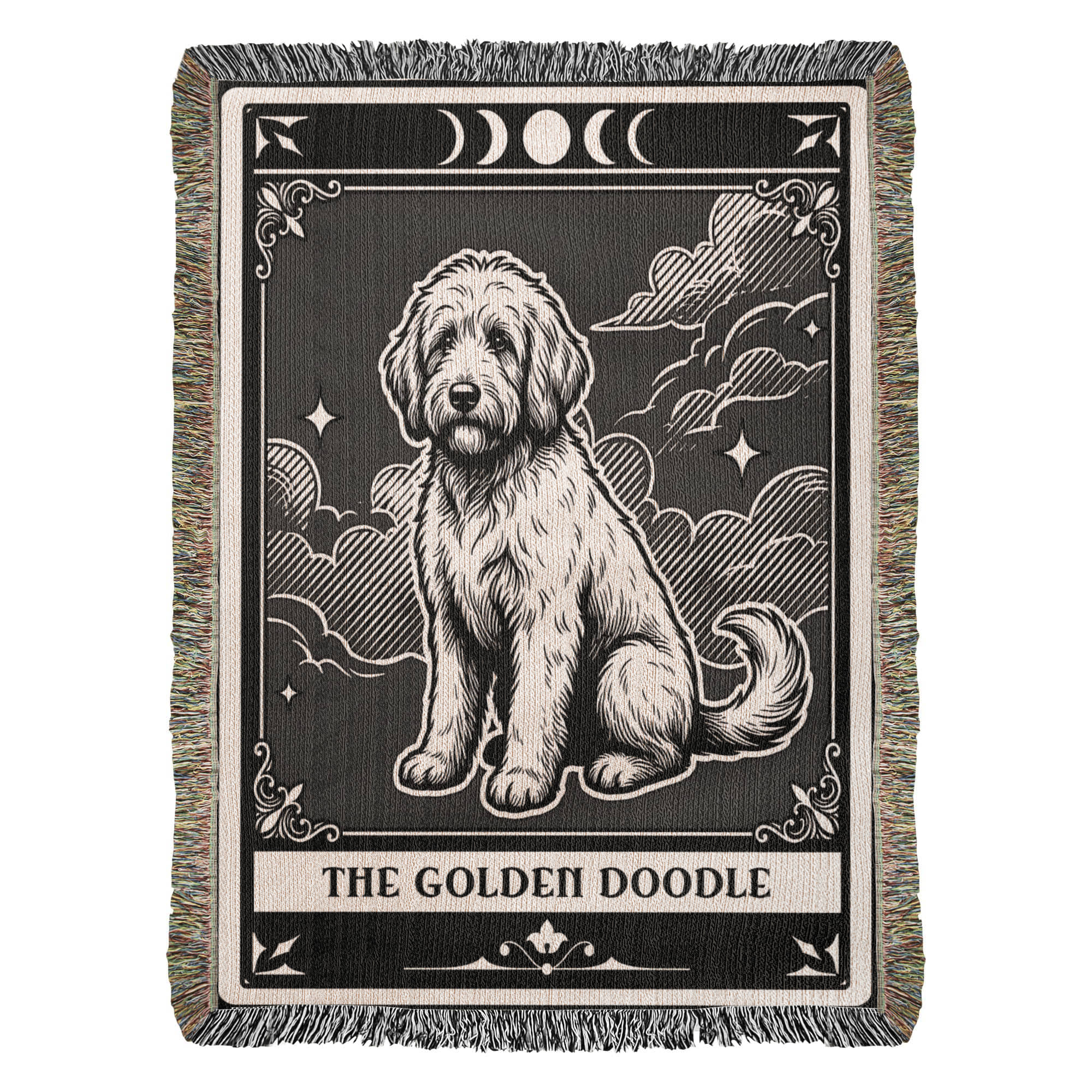 🐾 Woven Blanket Tarot Card - Golden Doodle Black&W