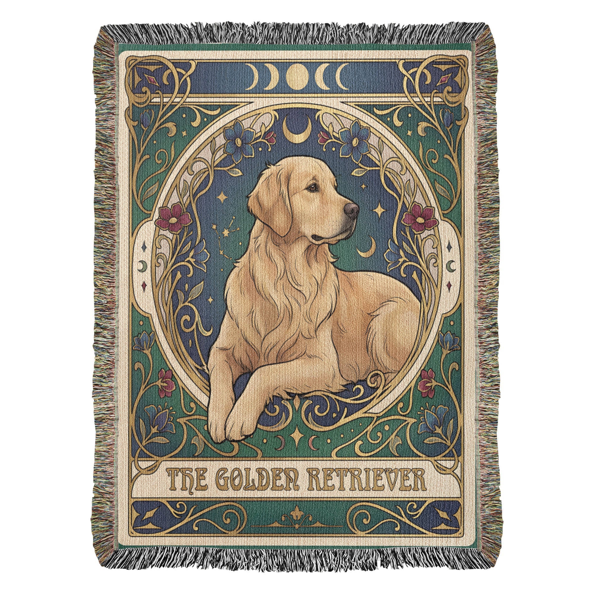 🐾 Woven Blanket Tarot Card - Golden retriever golden with red flowers