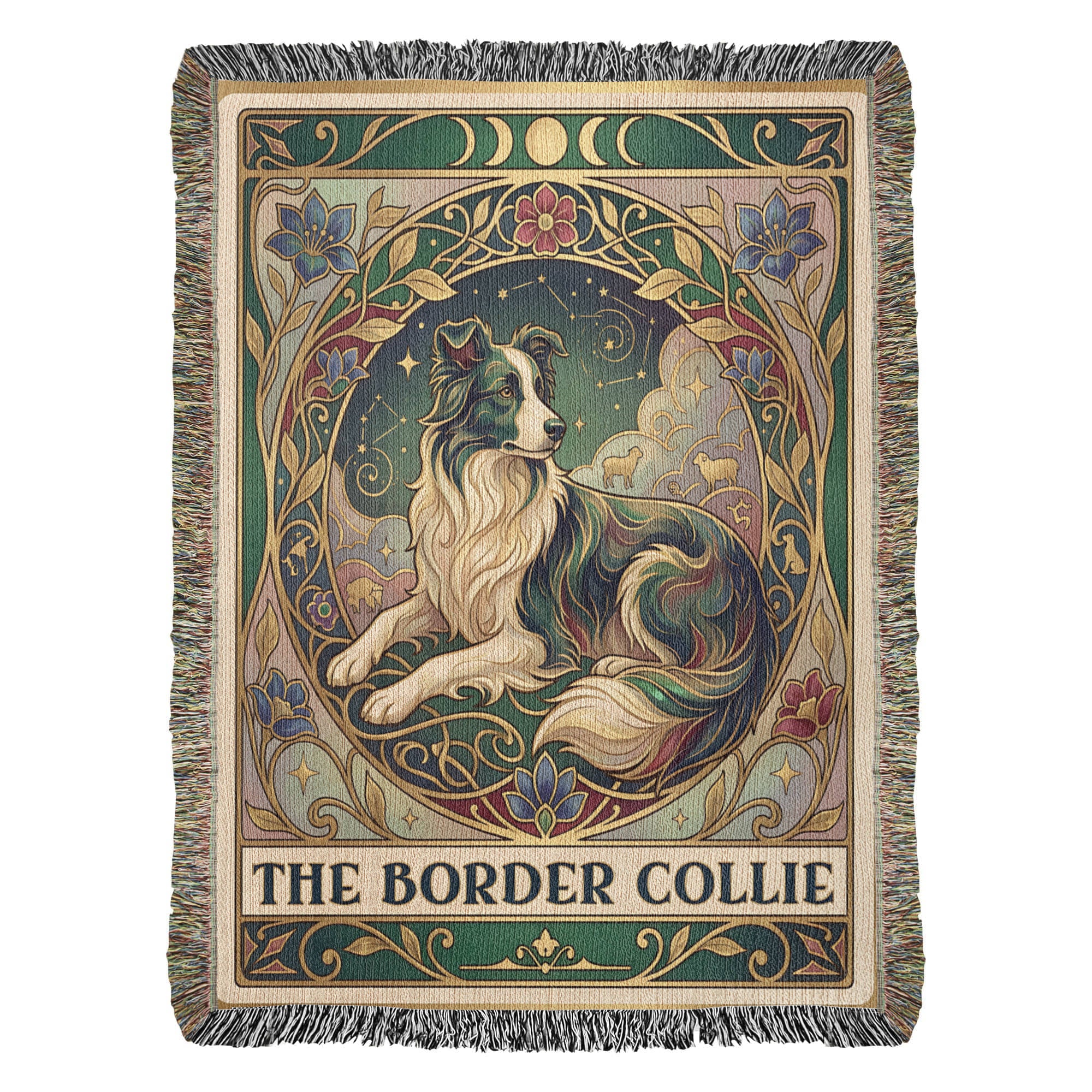 🐾 Woven Blanket Tarot Card - Border Collie Green & Gold
