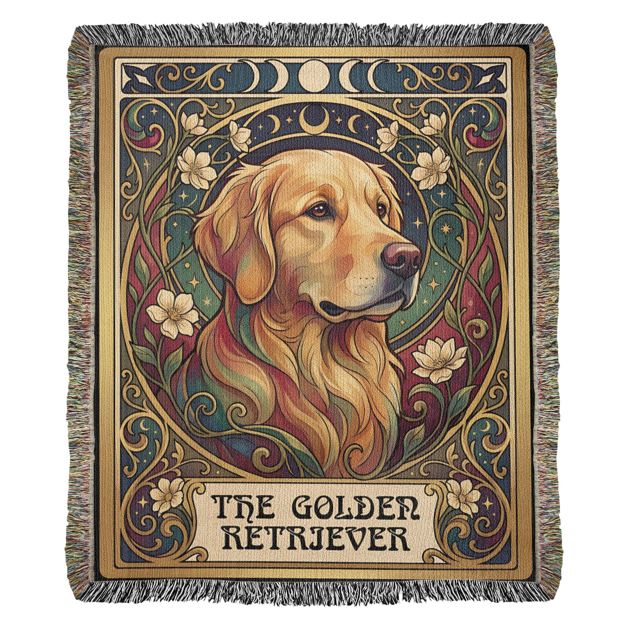 🐾 Woven Blanket Tarot Card - Golden Retriever Gold Frame with flowers
