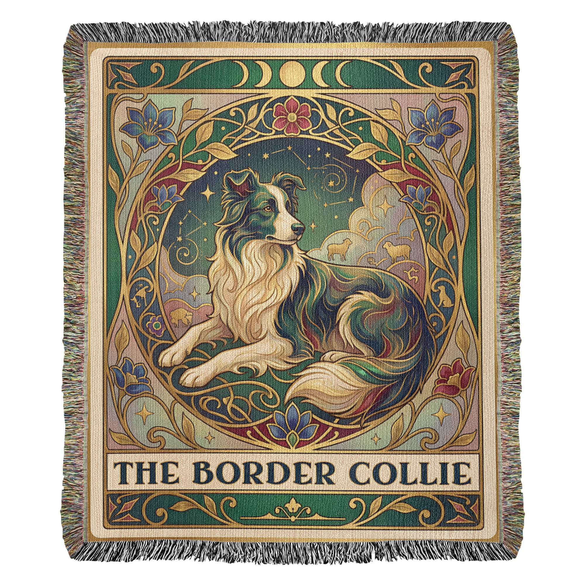 🐾 Woven Blanket Tarot Card - Border Collie Green & Gold
