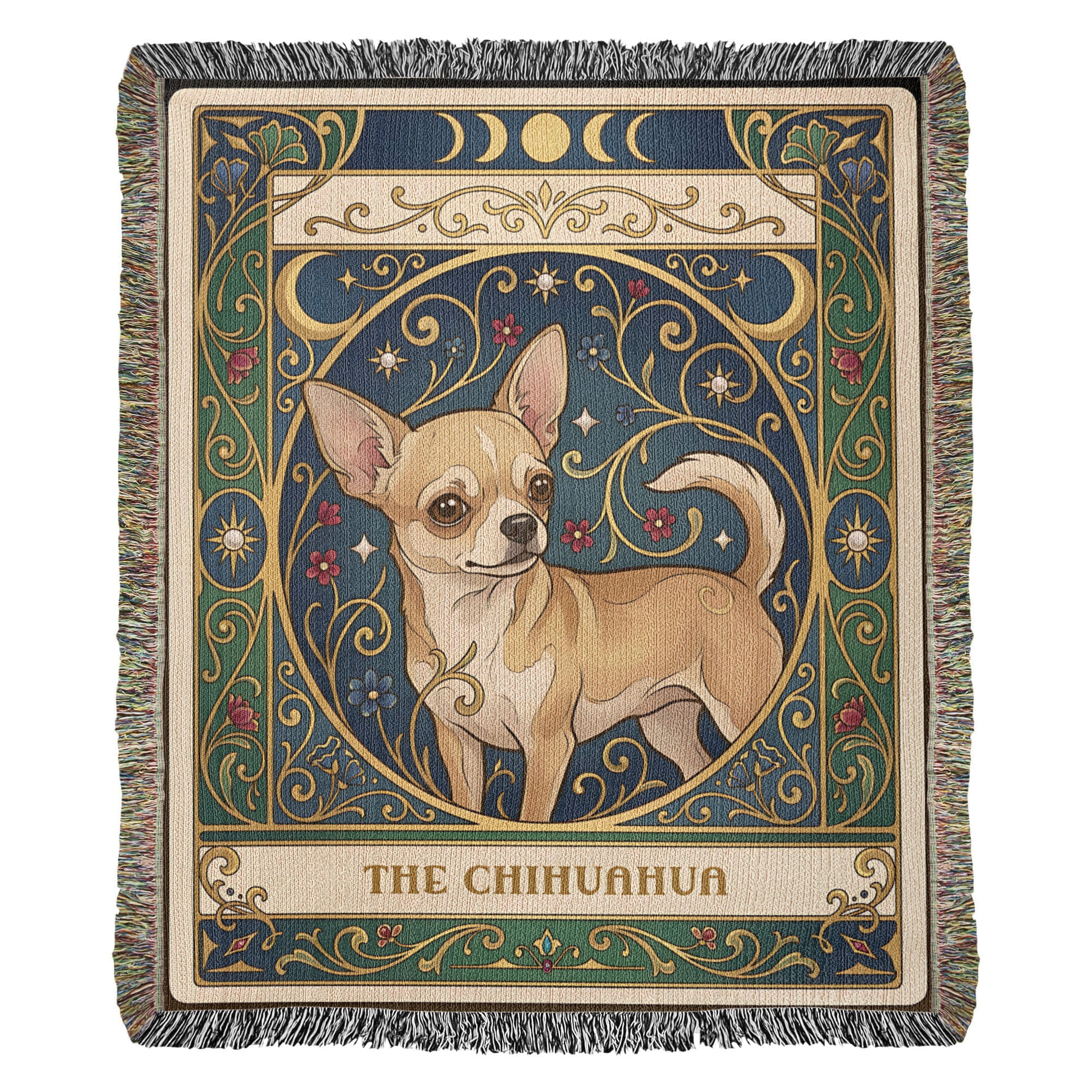 🐾 Woven Blanket Tarot Card - Chihuahua Golden Flowers