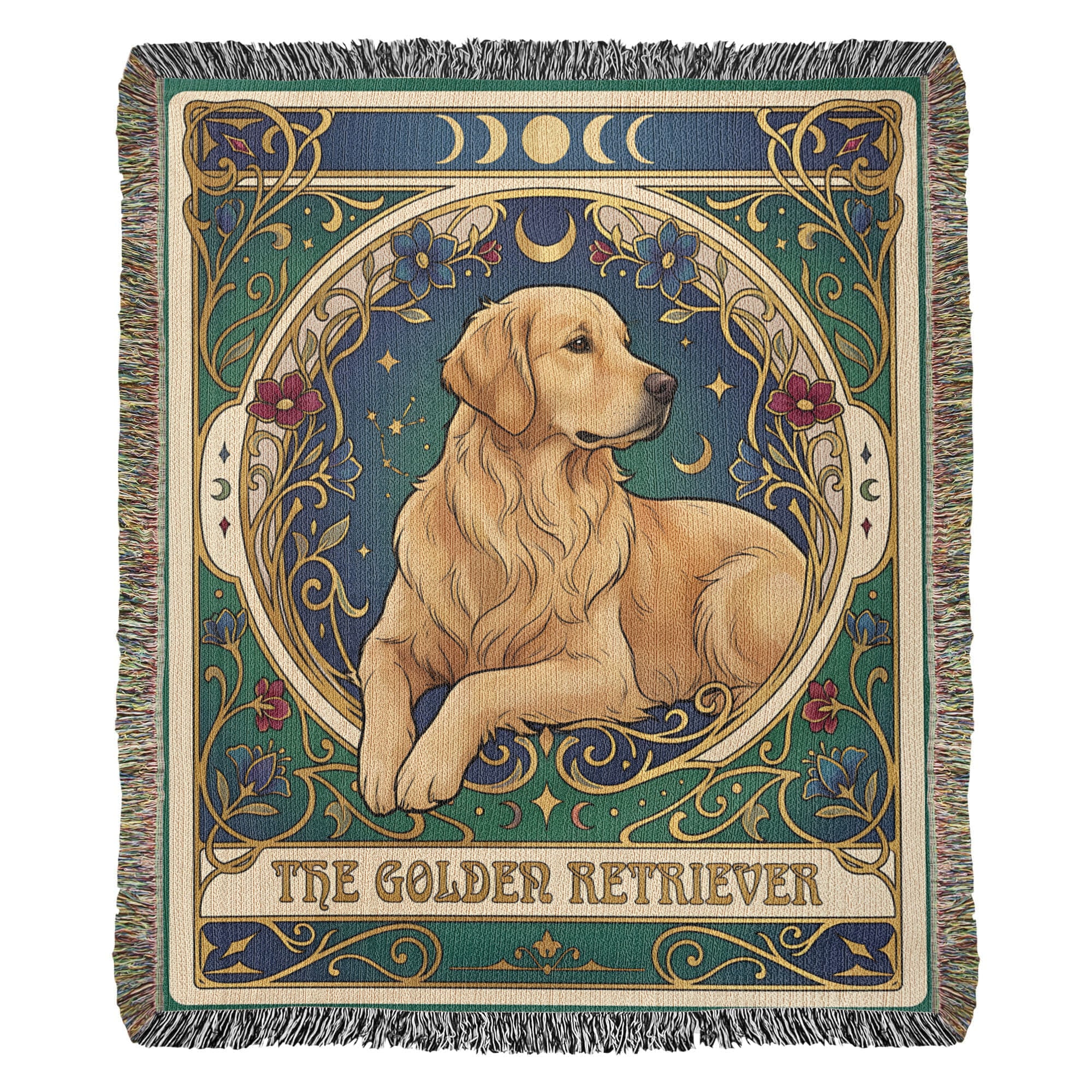 🐾 Woven Blanket Tarot Card - Golden retriever golden with red flowers