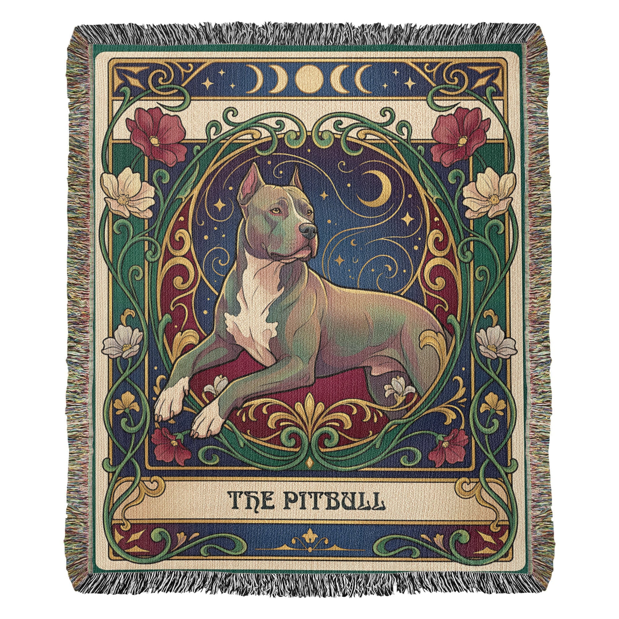 🐾 Woven Blanket Tarot Card - Pitbull laying with flowers