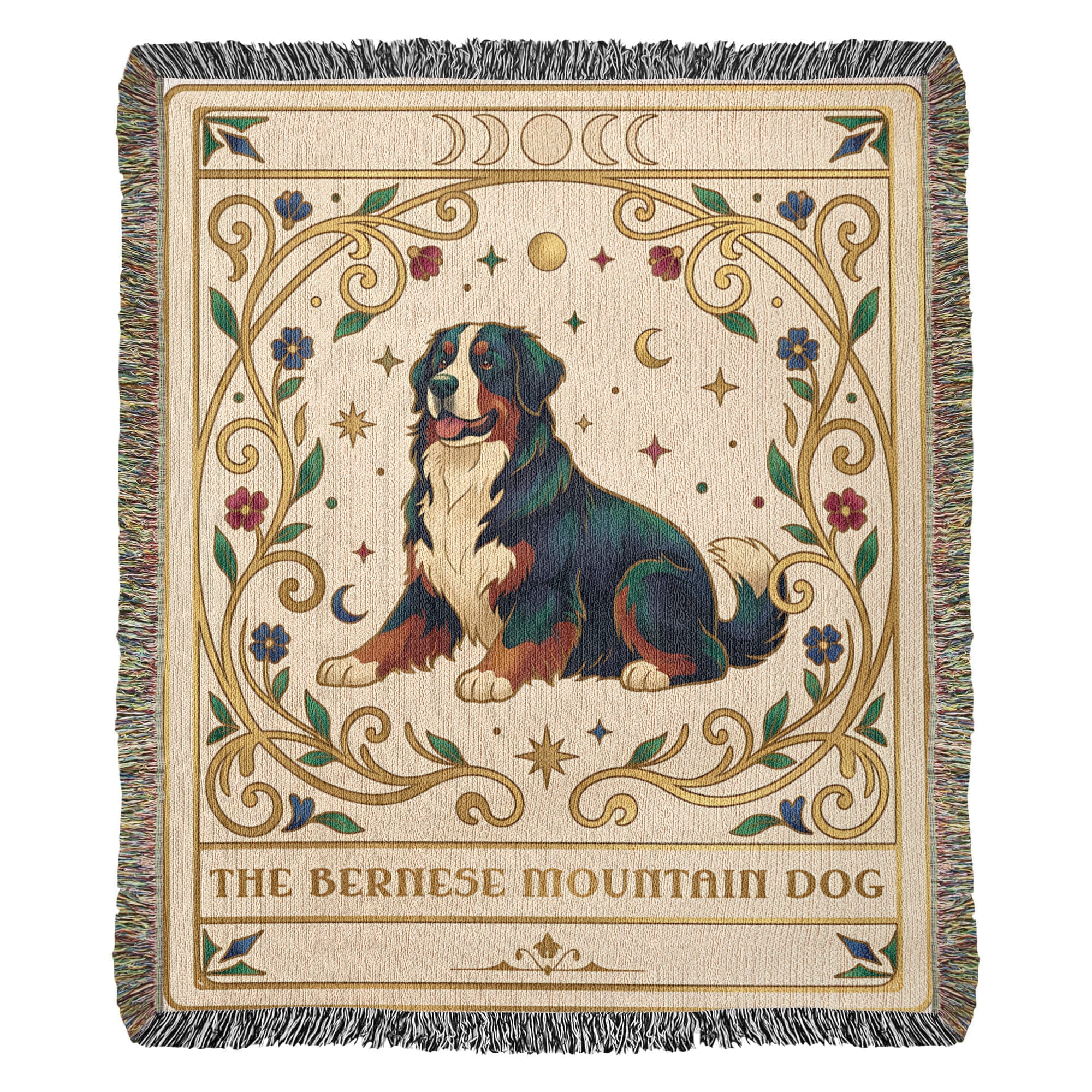 🐾 Woven Blanket Tarot Card - Bernese Mountain Dog - Flowers
