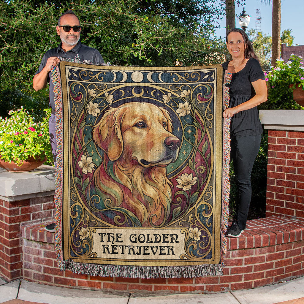 🐾 Woven Blanket Tarot Card - Golden Retriever Gold Frame with flowers