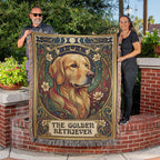 🐾 Woven Blanket Tarot Card - Golden Retriever Gold Frame with flowers