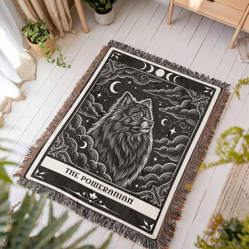 🐾 Woven Blanket Tarot Card Pomeranian Black and White