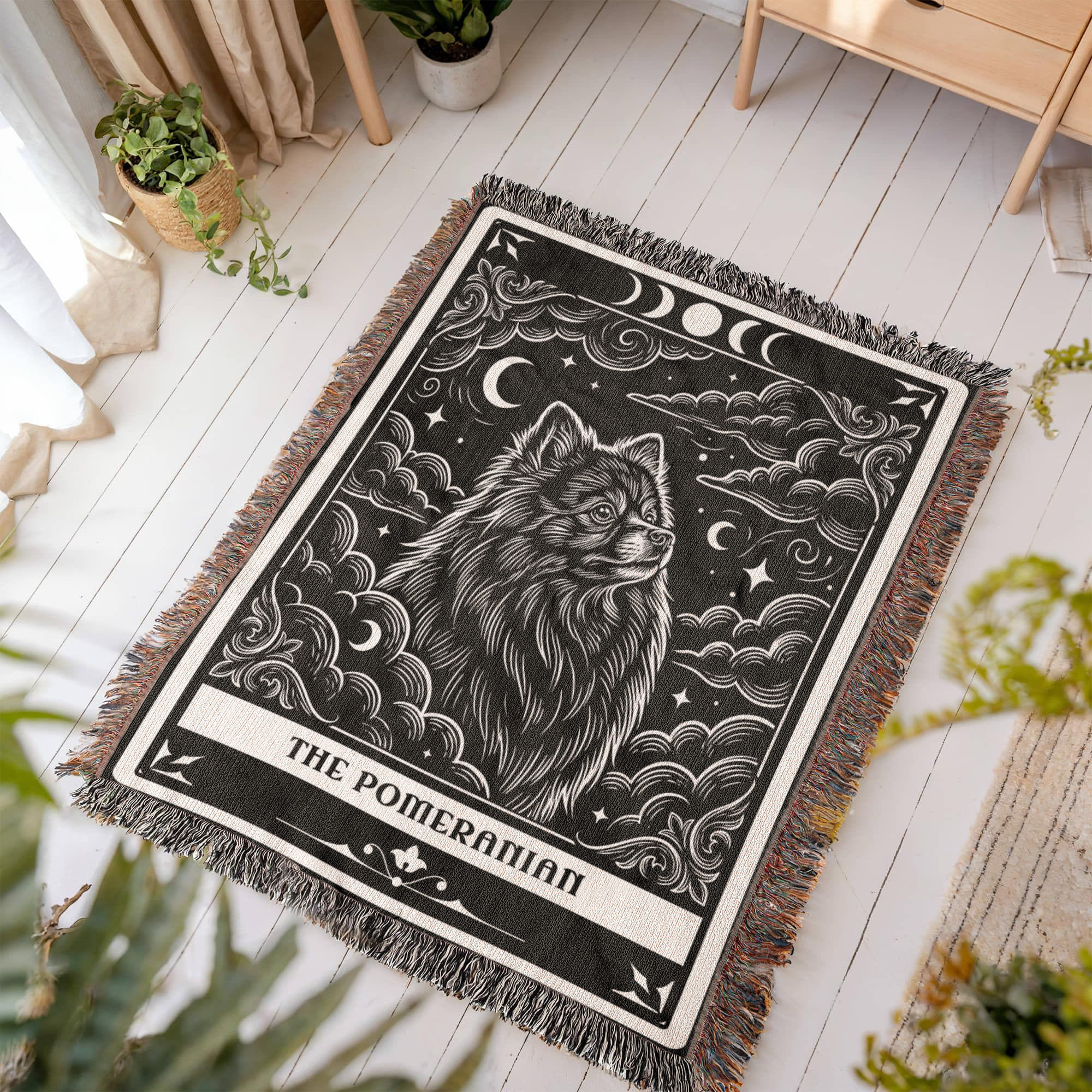 🐾 Woven Blanket Tarot Card Pomeranian Black and White