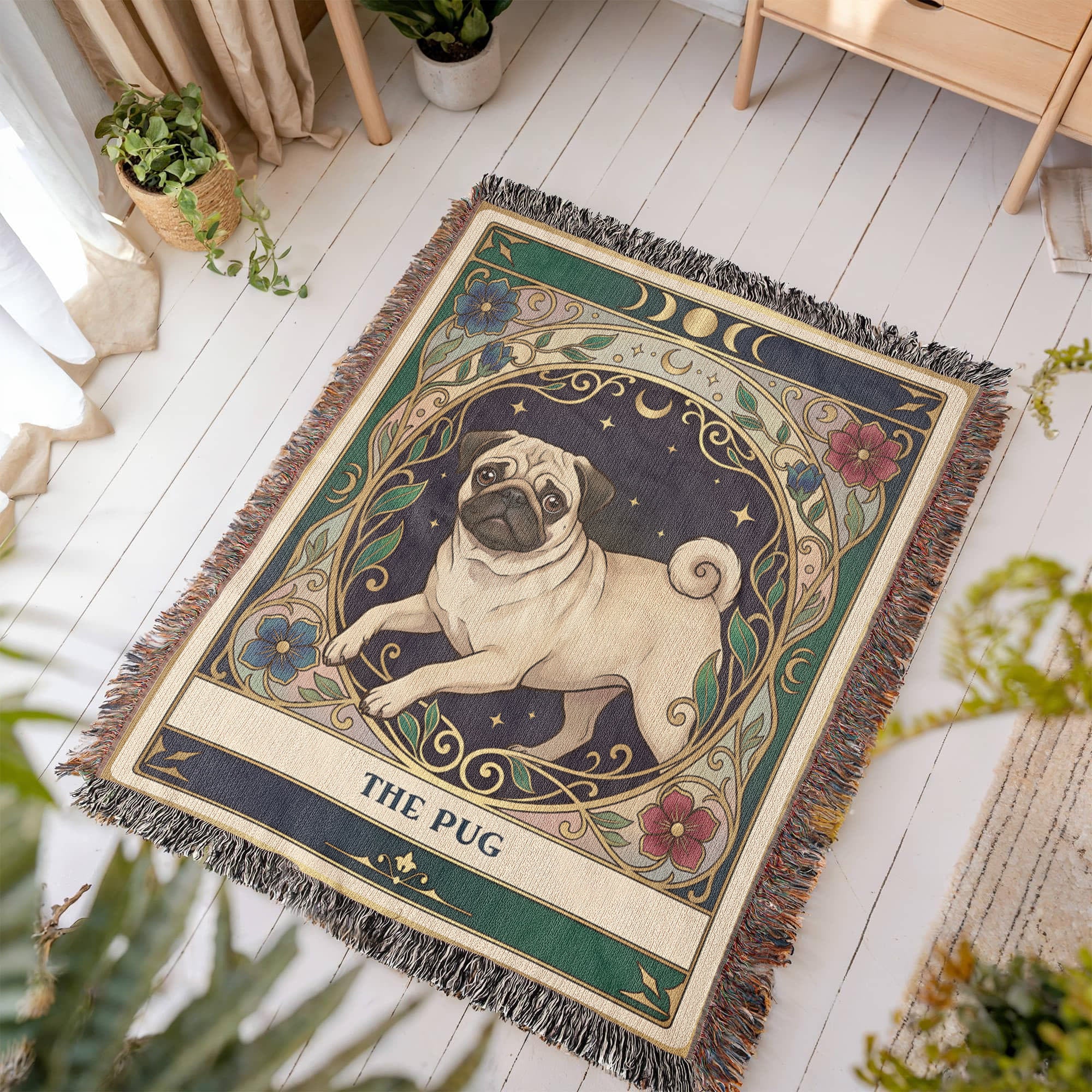 🐾 Woven Blanket Tarot Card - Pug Stained Glass