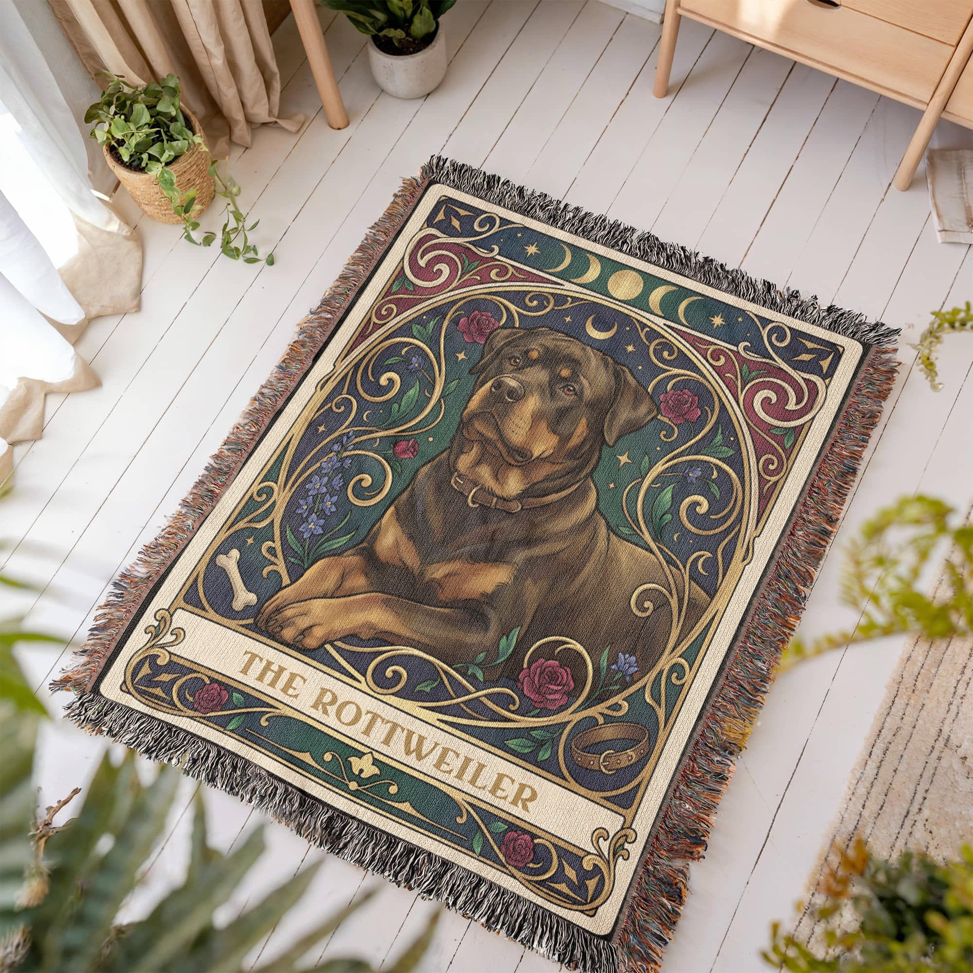 🐾 Woven Blanket Tarot Card - Rottweiler Roses