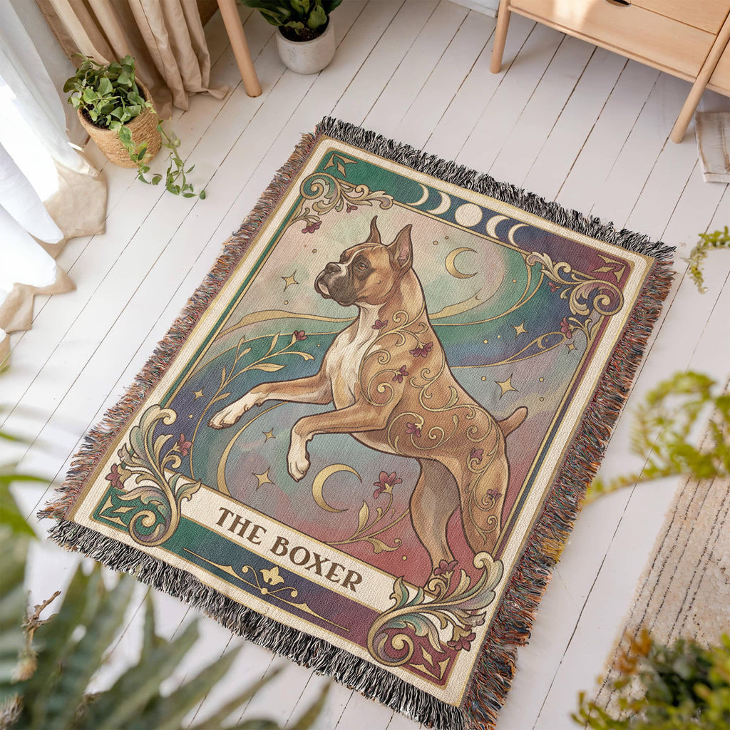 🐾 Woven Blanket Tarot Card - Boxer Rainbow