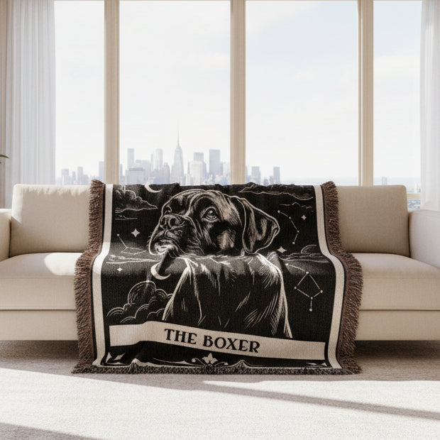 🐾 Woven Blanket Tarot Card - Boxer Black & White