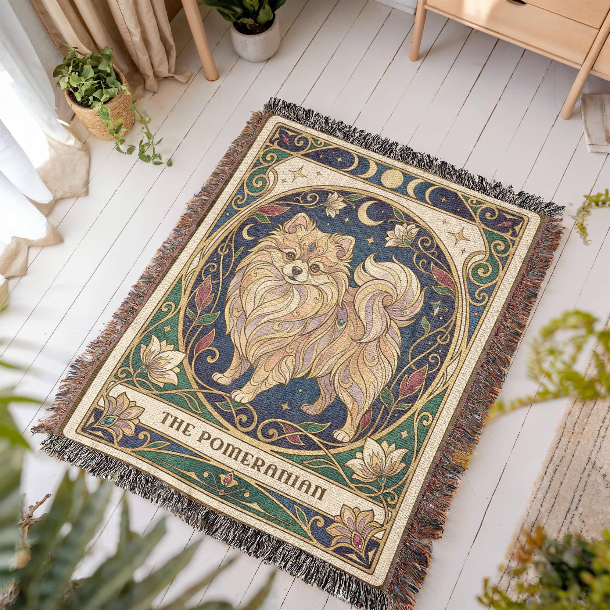 🐾 Woven Blanket Tarot Card - Pomeranian Stained Glass