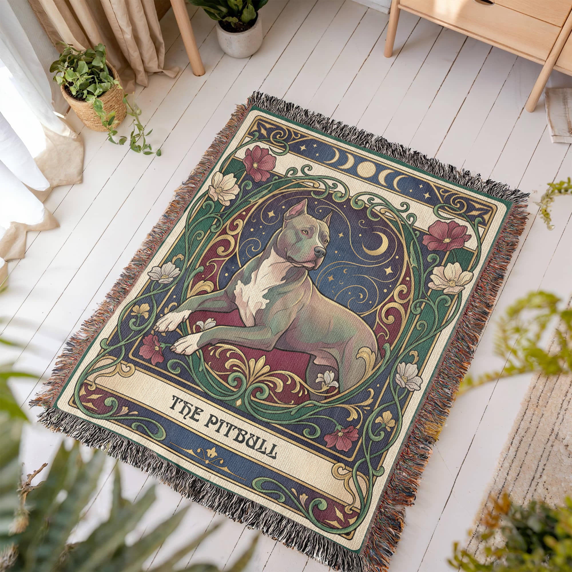 🐾 Woven Blanket Tarot Card - Pitbull laying with flowers