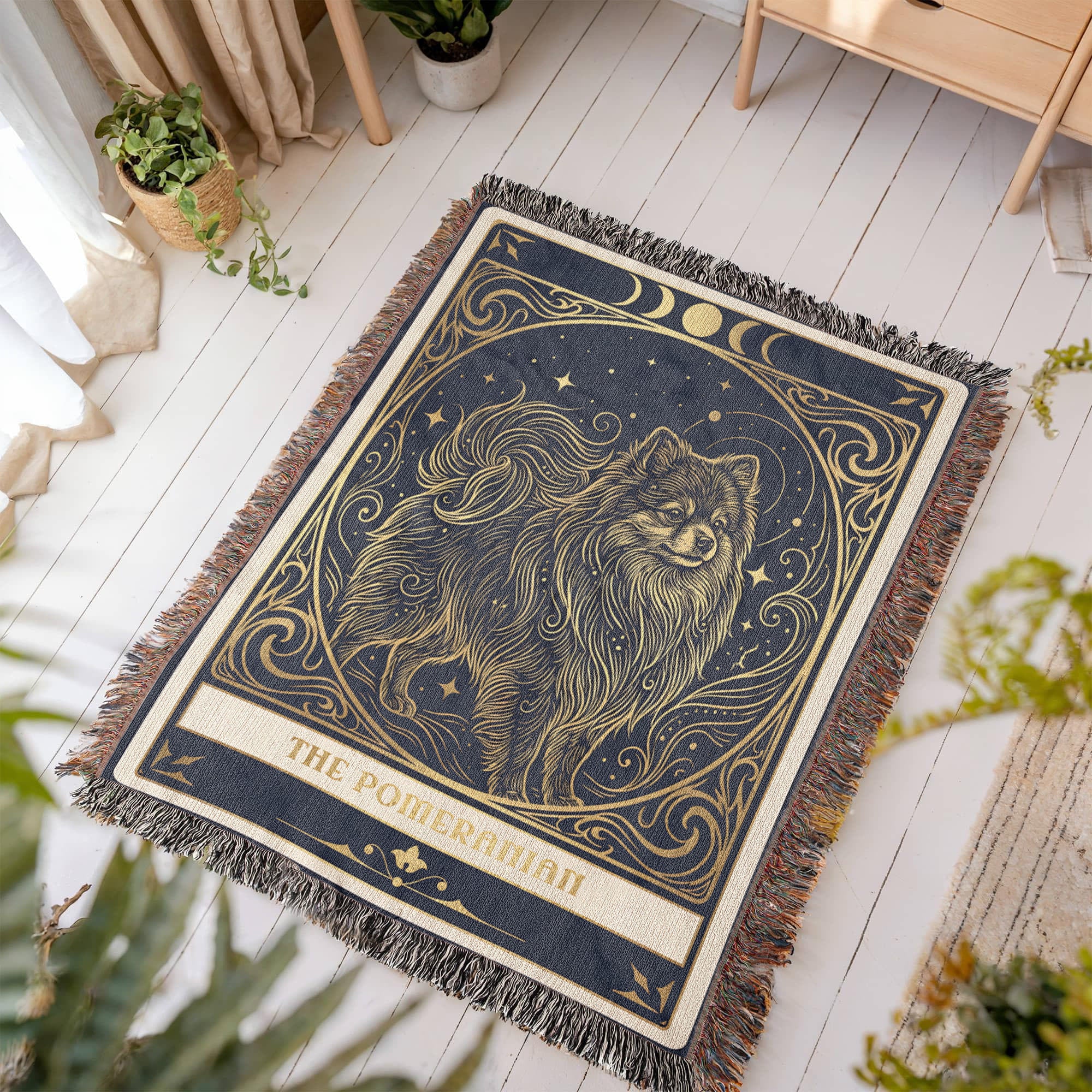 🐾 Woven Blanket Tarot Card Pomeranian Gold & Black